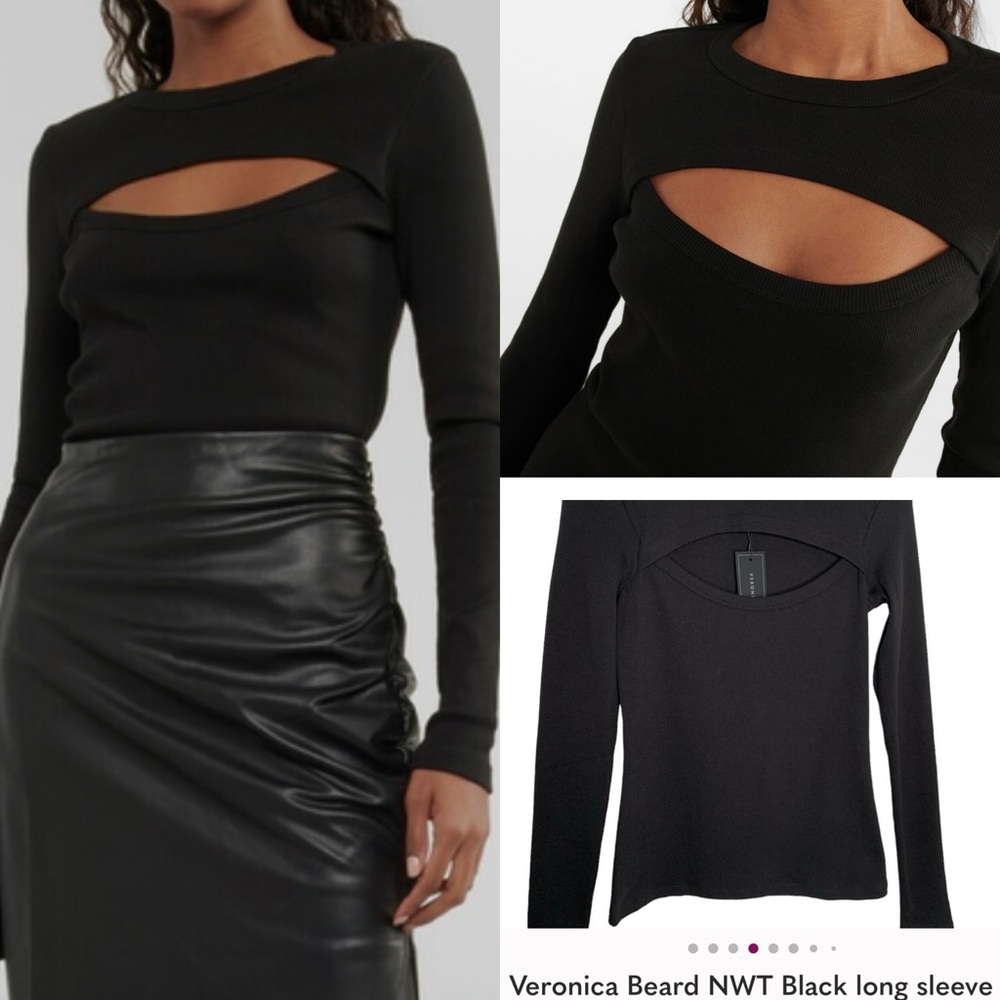 Veronica Beard NWT Black Pima cotton  top w long sleeves, front cut-out size XS
